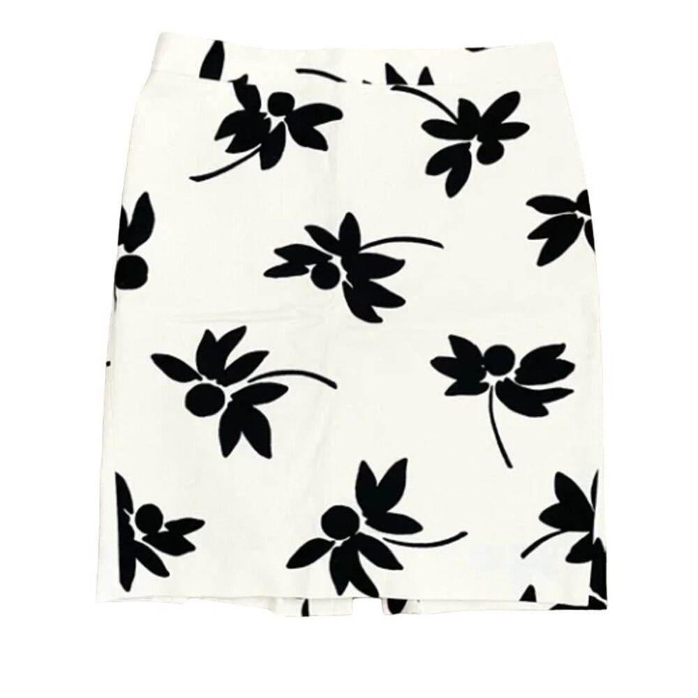 J CREW Pencil Skirt Floral Print sz 8 White Black Poppy Art Woven Preppy Modern - Picture 11 of 11